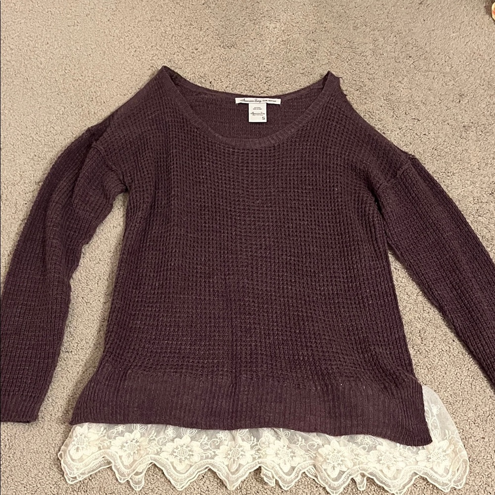 American Rag Cold-Shoulder Purple Sweater with Lace Trim